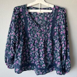 Lucky Brand blue purple floral peasant long sleeve blouse Women’s sz L